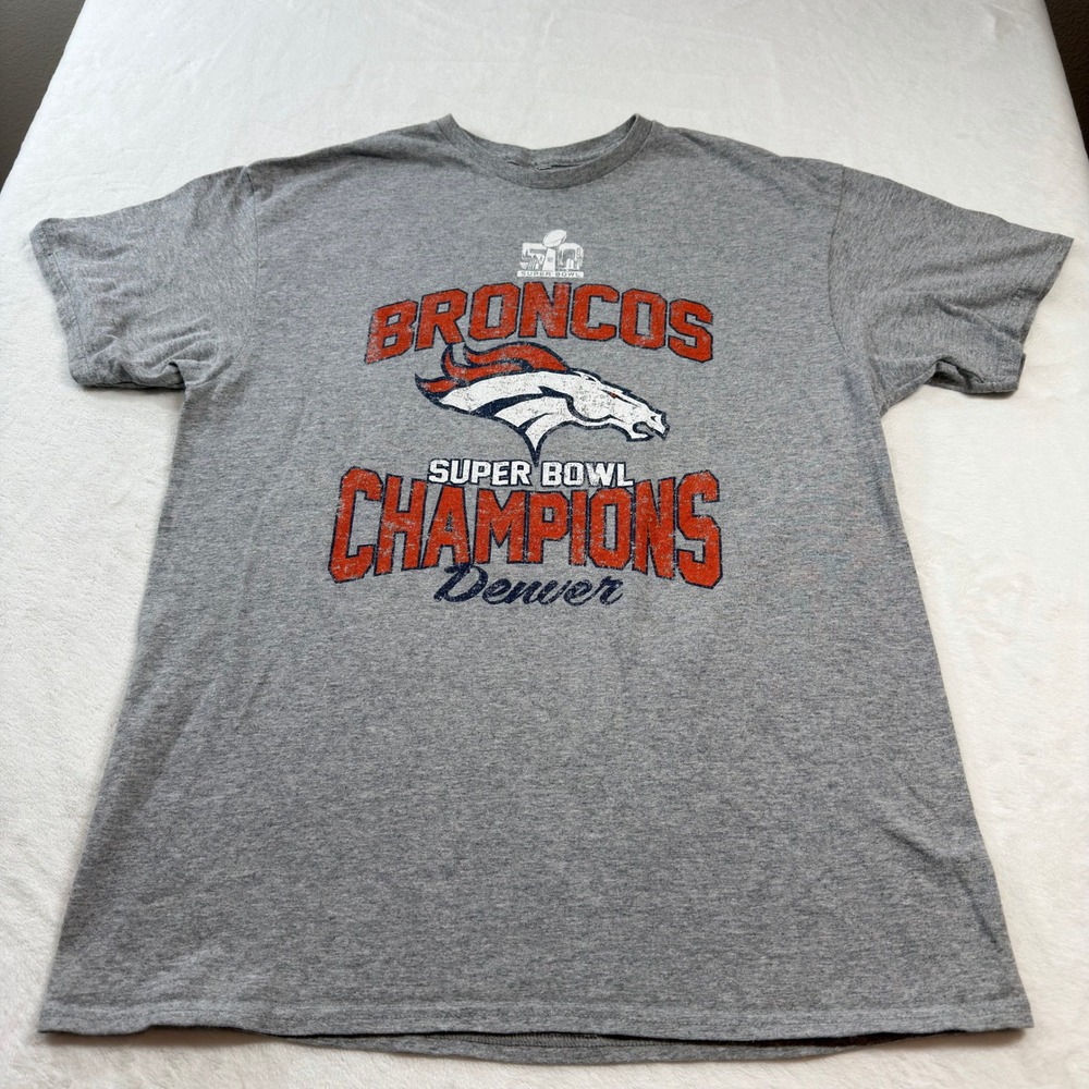 Denver Broncos NFL T Shirt Mens Large Gray Good Super Bowl 50 Champions Graphic